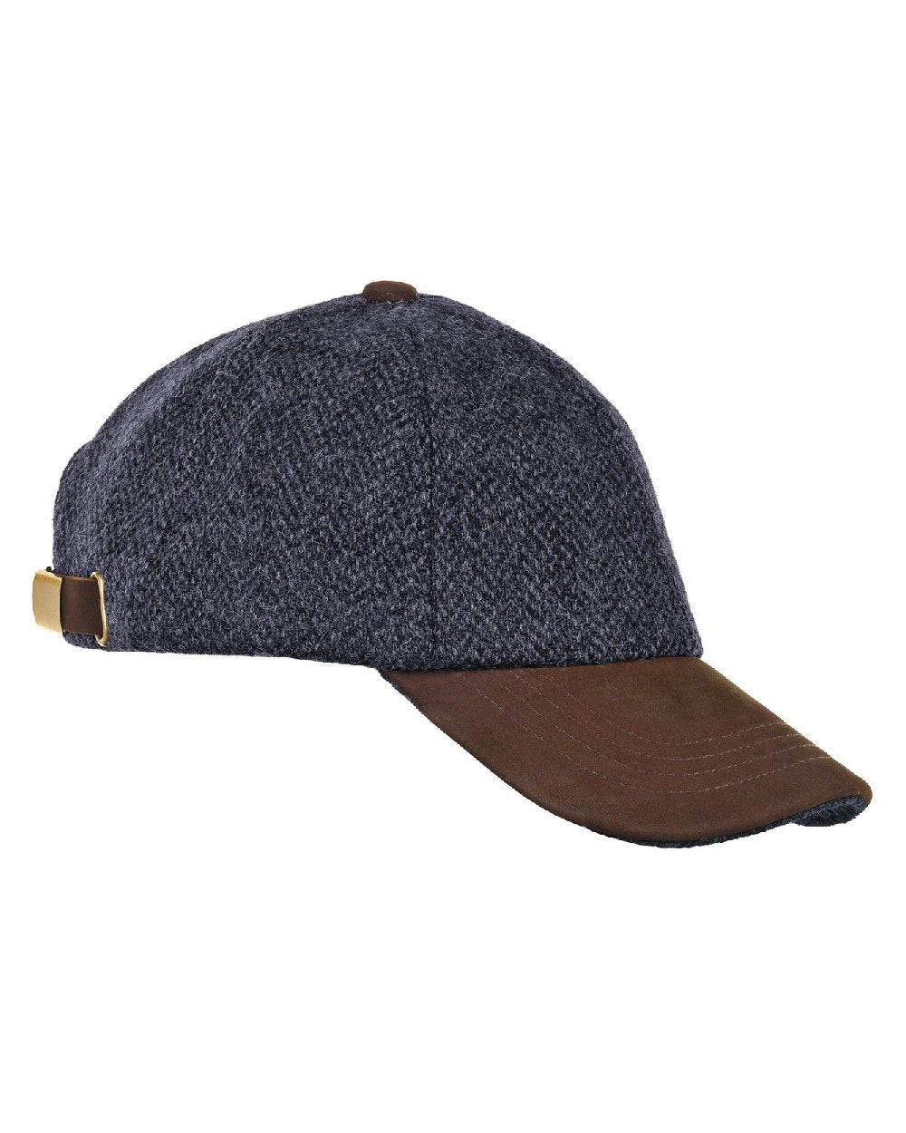 Charocal coloued Heather Glencairn Harris Tweed/Leather Peak Baseball Cap on white background 