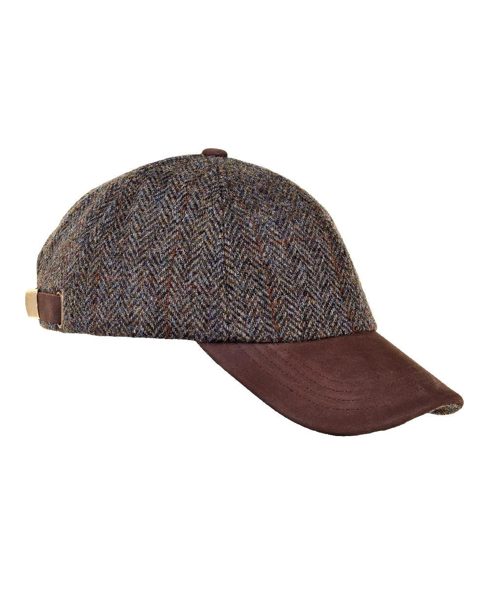 Heather Glencairn Harris Tweed/Leather Peak Baseball Cap in Green Brown Herringbone 