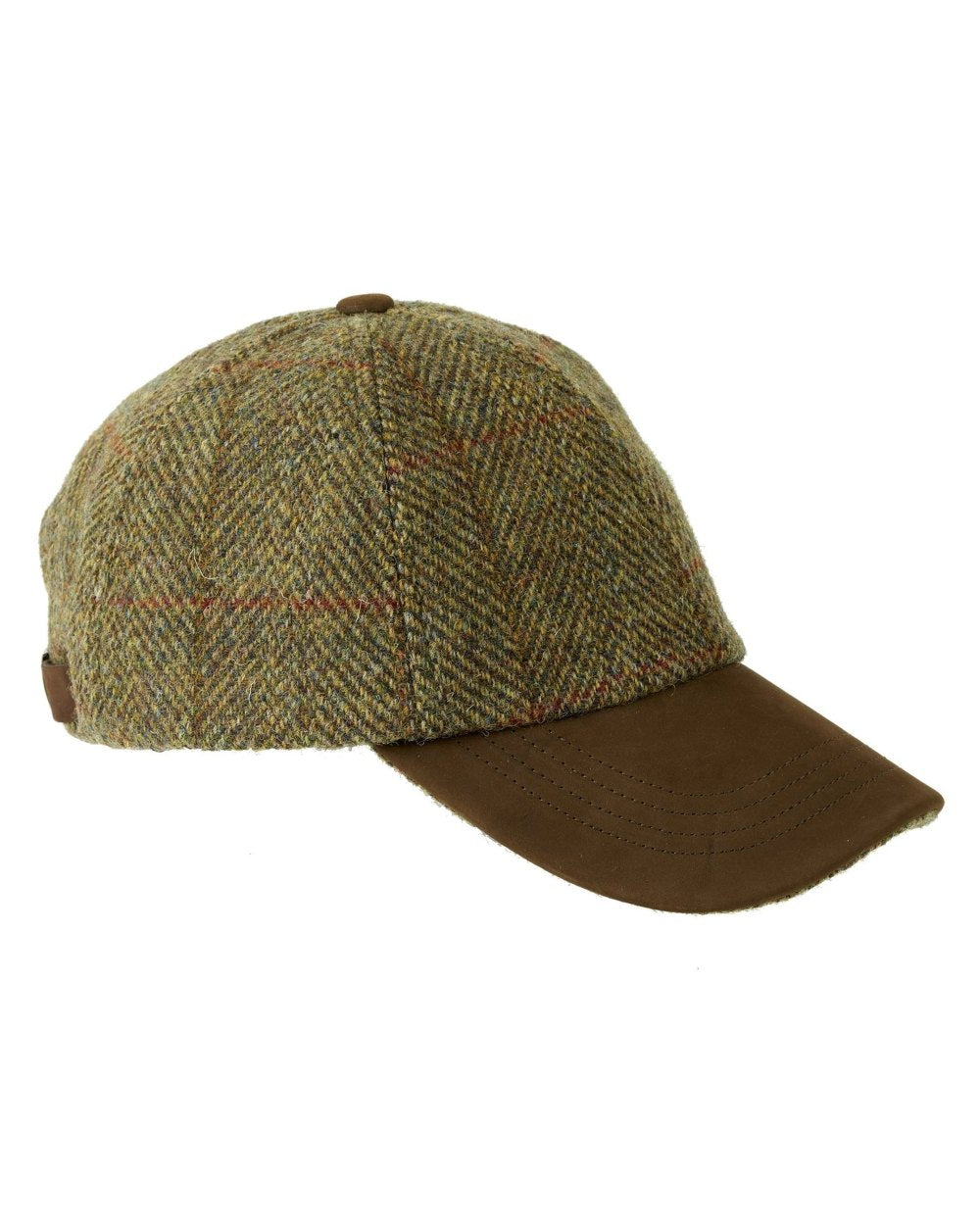 Harvest coloured Heather Glencairn Harris Tweed/Leather Peak Baseball Cap on white background 