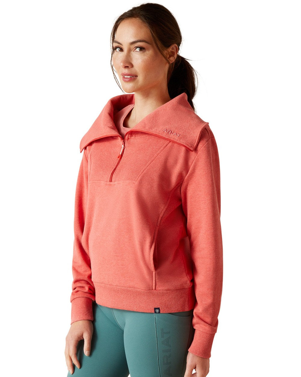 Heathered Baked Apple Coloured Ariat Womens Fern Half Zip Sweatshirt On A White Background 