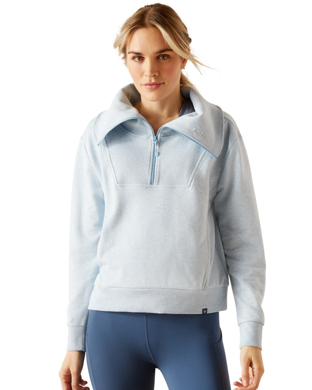 Heathered Glacier Lake Coloured Ariat Womens Fern Half Zip Sweatshirt On A White Background 