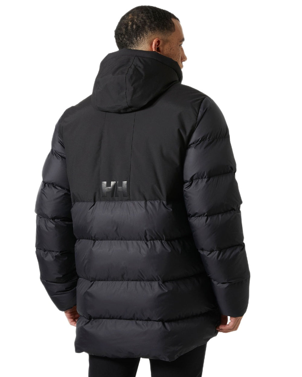 Black Coloured Helly Hansen Active Puffy Long Jacket on white background 