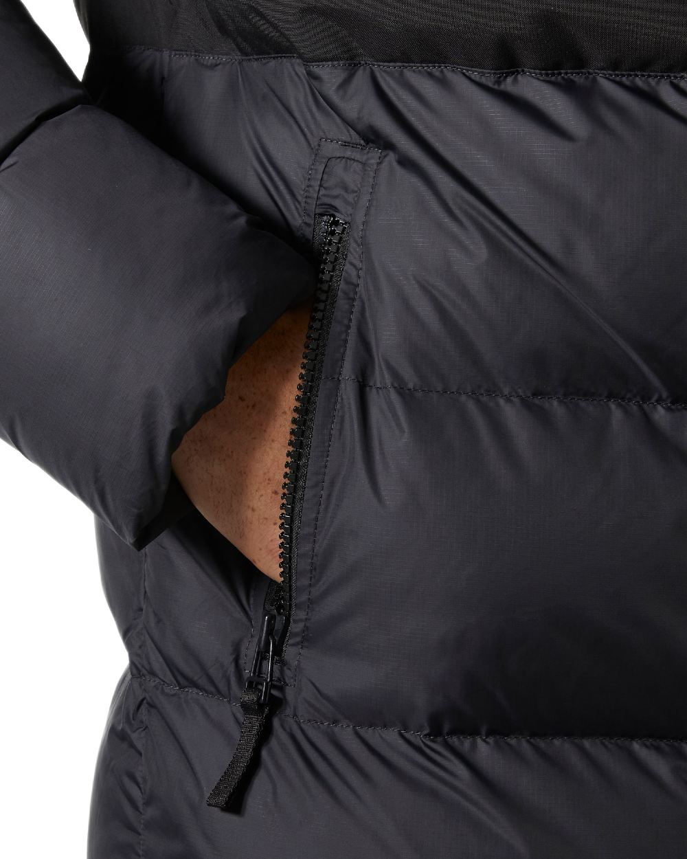 Black Coloured Helly Hansen Active Puffy Long Jacket on white background 