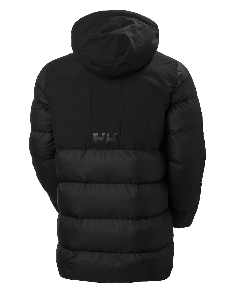 Black Coloured Helly Hansen Active Puffy Long Jacket on white background 