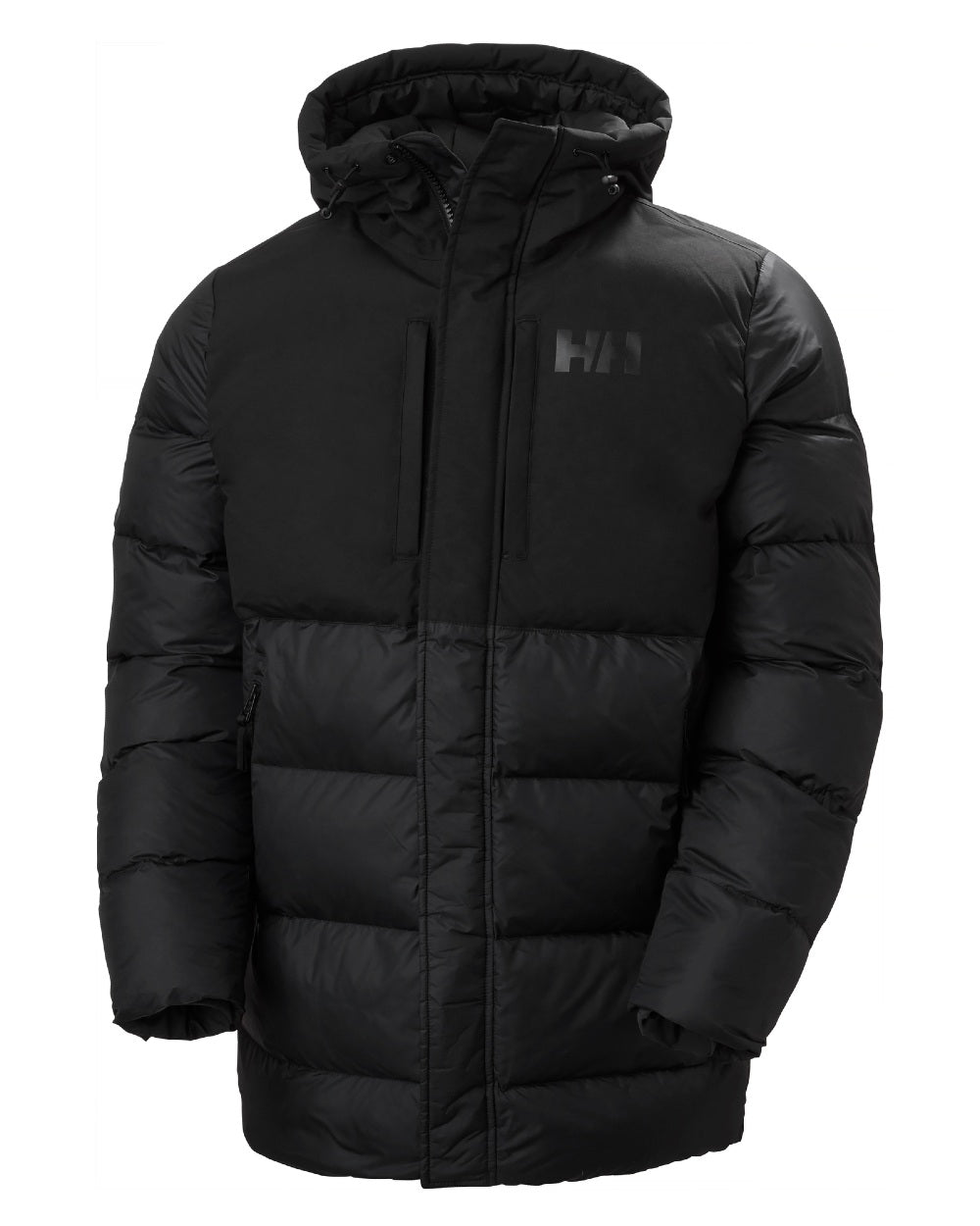 Black Coloured Helly Hansen Active Puffy Long Jacket on white background 