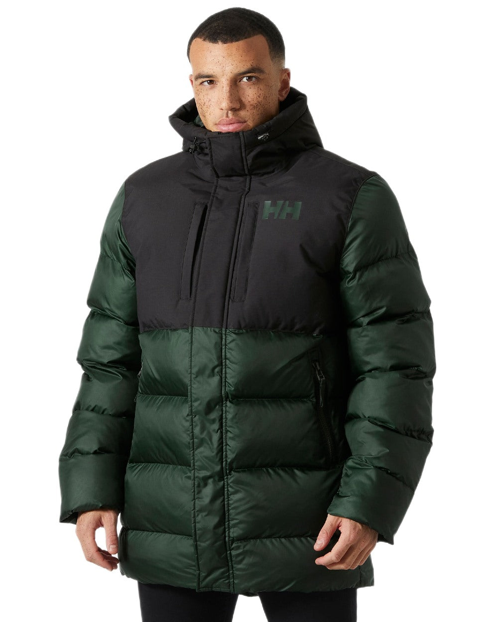 Dark Jungle Coloured Helly Hansen Active Puffy Long Jacket on white background 