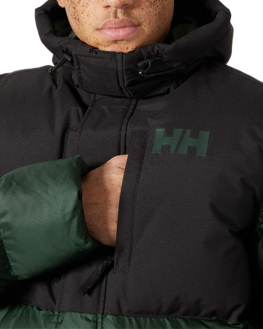 Dark Jungle Coloured Helly Hansen Active Puffy Long Jacket on white background 