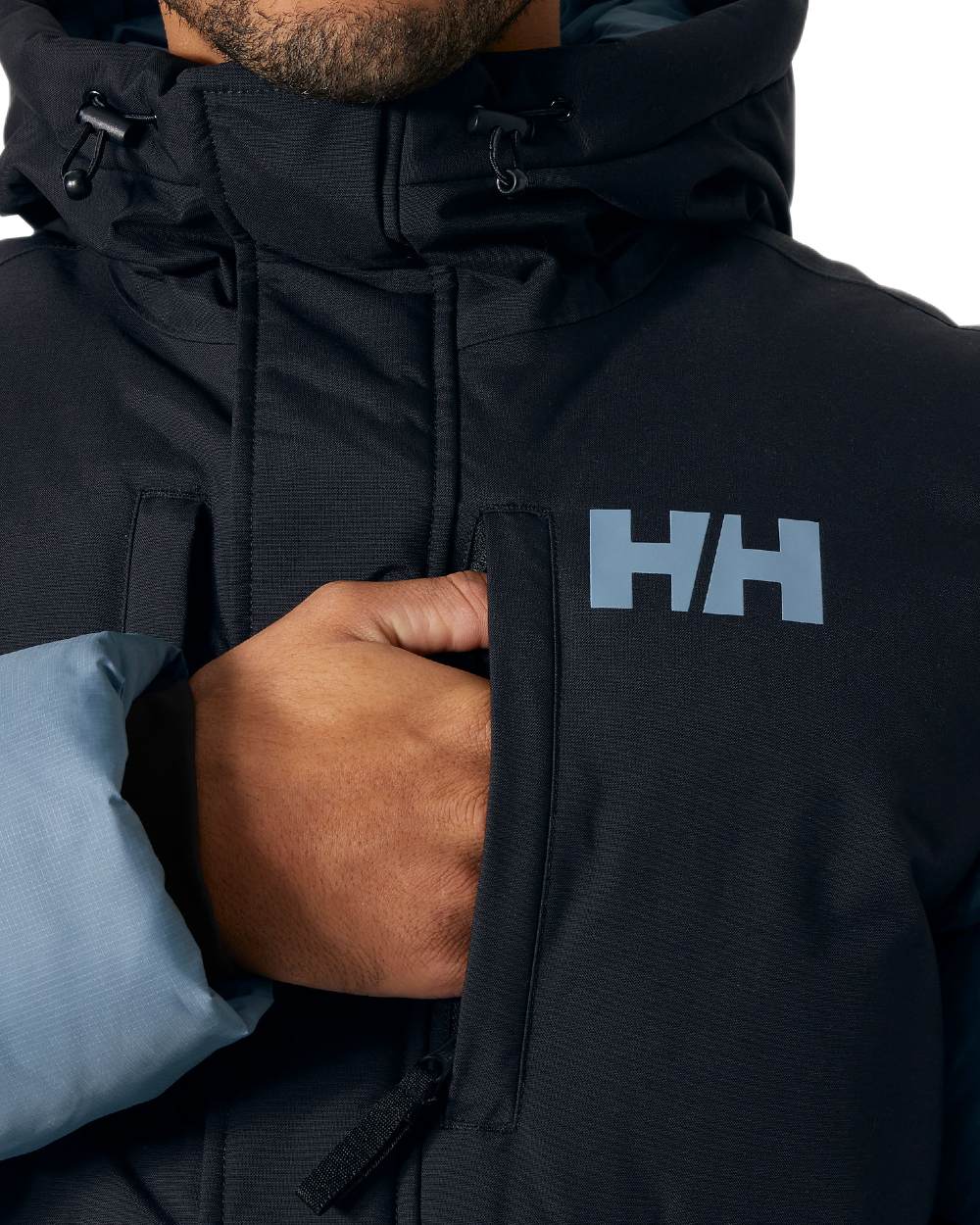 Washed Navy Coloured Helly Hansen Active Puffy Long Jacket on white background 