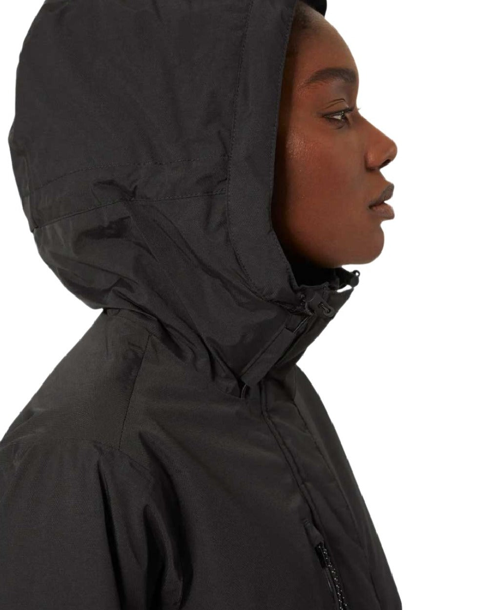 Black coloured Helly Hansen Adore Ladies Insulated Rain Coat on white background 