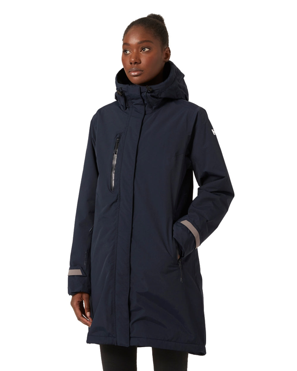 Navy coloured Helly Hansen Adore Ladies Insulated Rain Coat on white background 