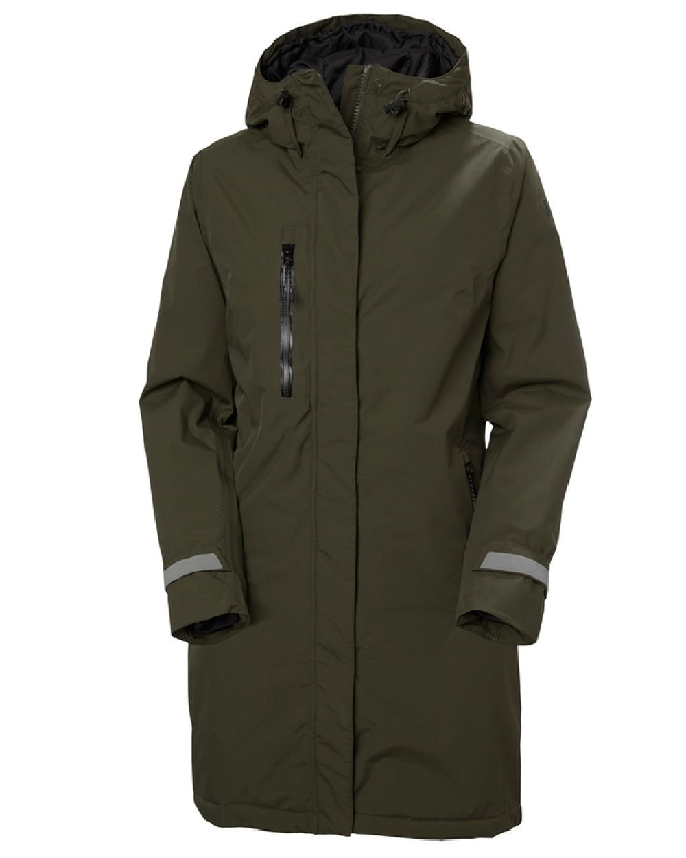 Utility Green coloured Helly Hansen Adore Ladies Insulated Rain Coat on white background 