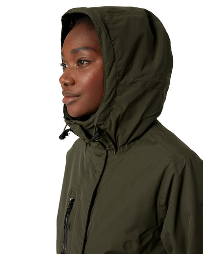 Utility Green coloured Helly Hansen Adore Ladies Insulated Rain Coat on white background 