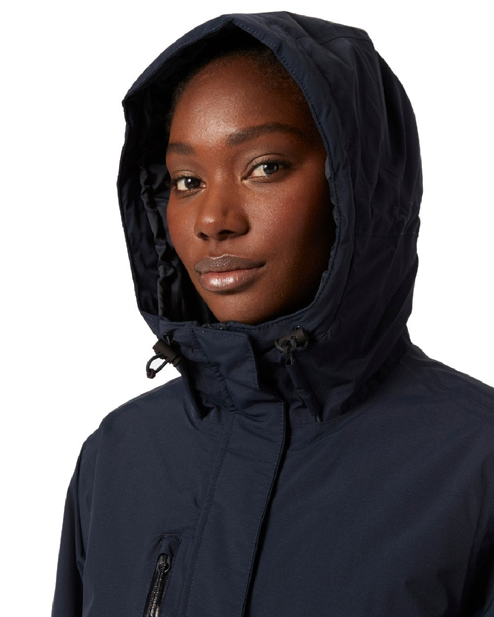 Navy coloured Helly Hansen Adore Ladies Insulated Rain Coat on white background 