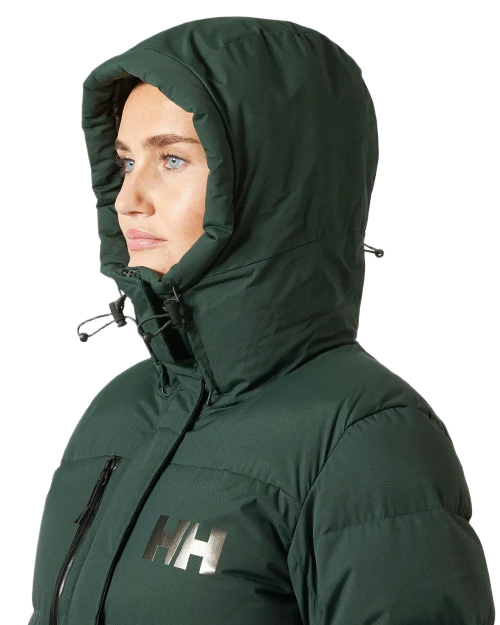 Dark Jungle Coloured Helly Hansen Adore Ladies Puffy Parka on white background 