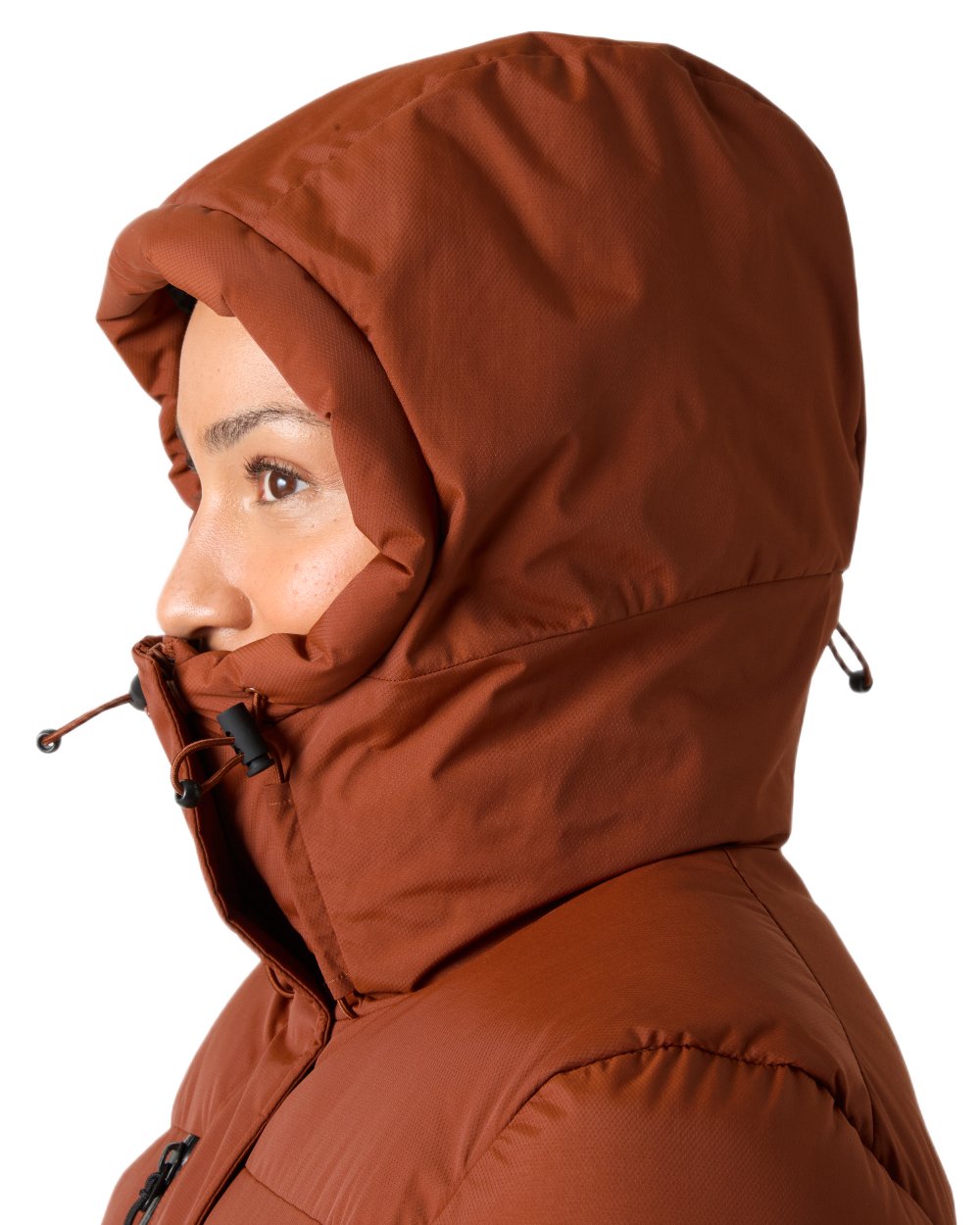 Iron Oxide Coloured Helly Hansen Adore Ladies Puffy Parka on white background 
