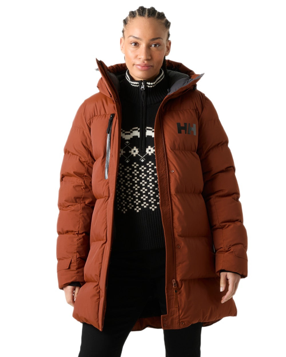 Iron Oxide Coloured Helly Hansen Adore Ladies Puffy Parka on white background 