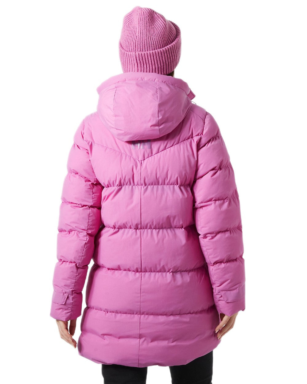 Meta Pink Coloured Helly Hansen Adore Ladies Puffy Parka on white background 