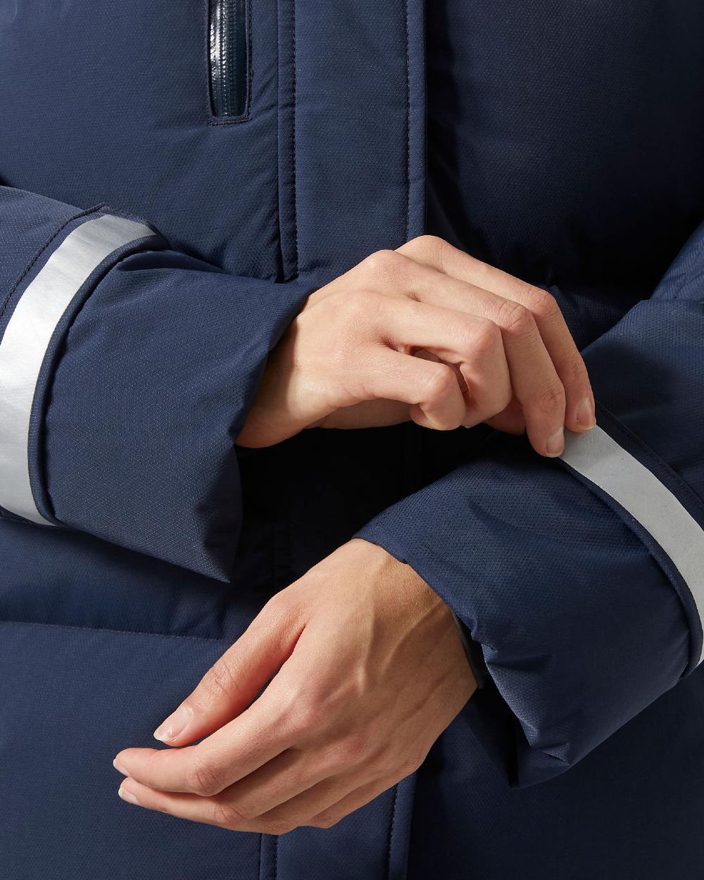 Navy Coloured Helly Hansen Adore Ladies Puffy Parka on white background 