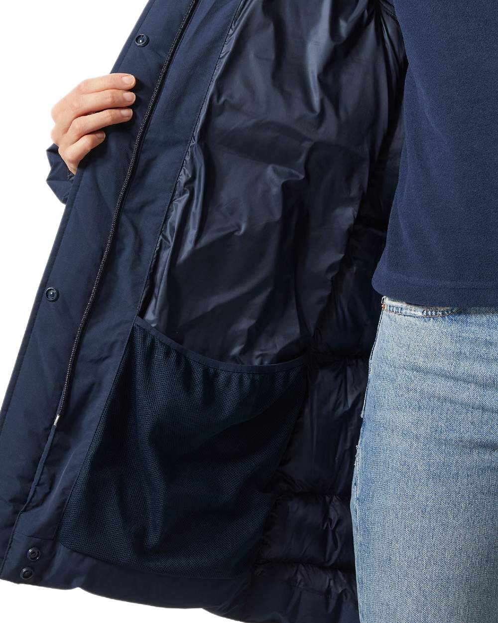 Navy Coloured Helly Hansen Adore Ladies Puffy Parka on white background 