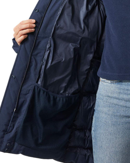 Navy Coloured Helly Hansen Adore Ladies Puffy Parka on white background 