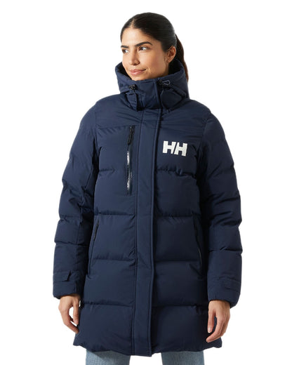Navy Coloured Helly Hansen Adore Ladies Puffy Parka on white background 