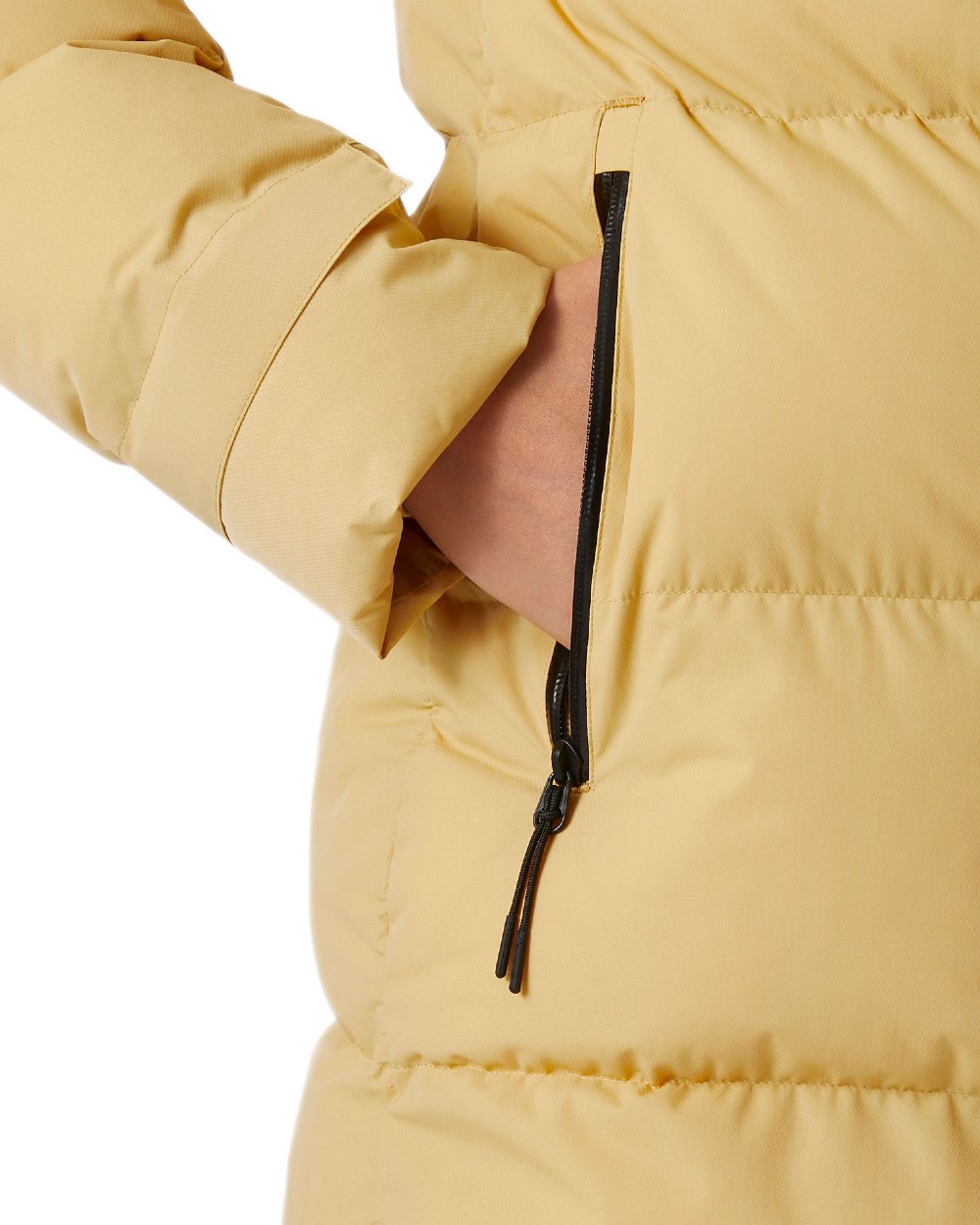 Sand Coloured Helly Hansen Adore Ladies Puffy Parka on white background 