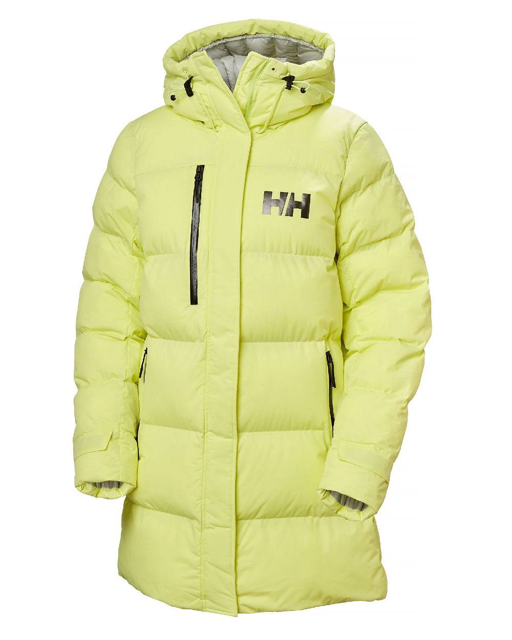 Sunny Lime Coloured Helly Hansen Adore Ladies Puffy Parka on white background 
