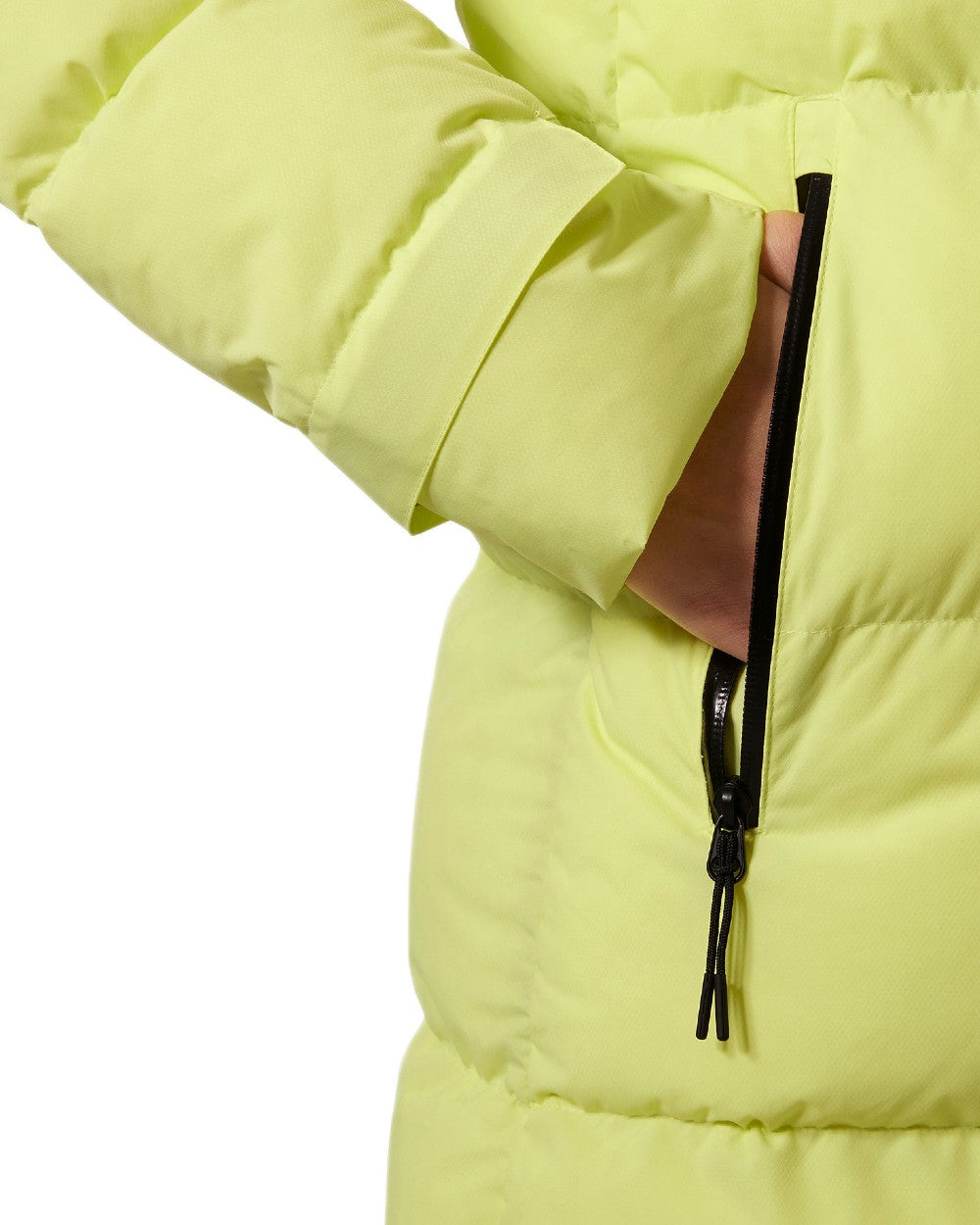 Sunny Lime Coloured Helly Hansen Adore Ladies Puffy Parka on white background 
