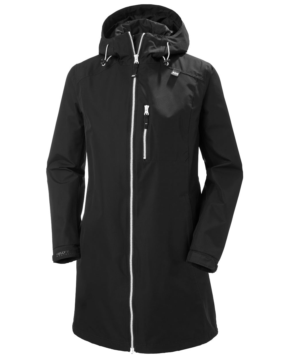 Black coloured Helly Hansen Belfast Long Rain Jacket on white background 