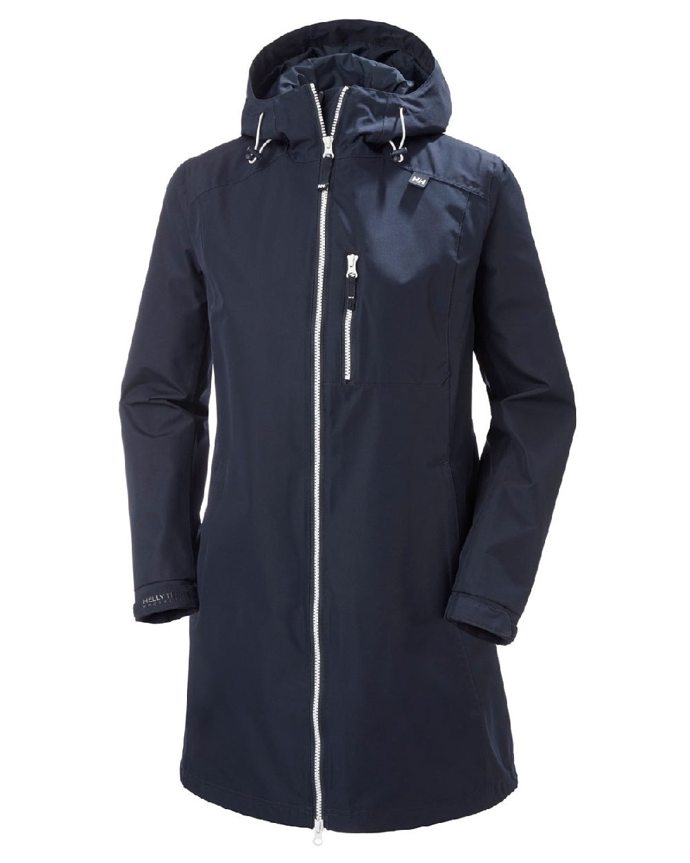 Navy coloured Helly Hansen Belfast Long Rain Jacket on white background 