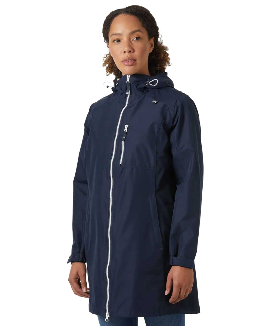 Navy coloured Helly Hansen Belfast Long Rain Jacket on white background 