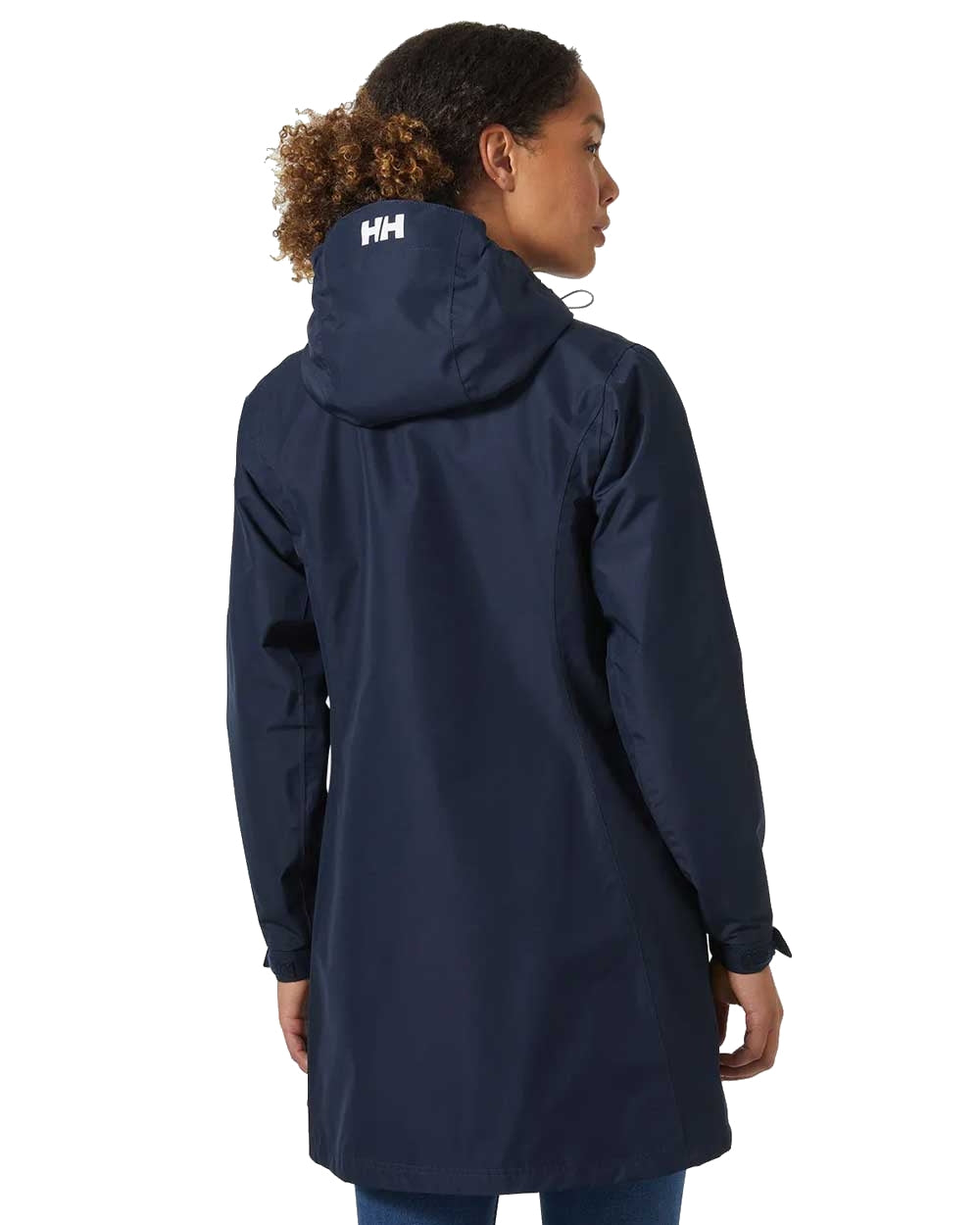 Navy coloured Helly Hansen Belfast Long Rain Jacket on white background 