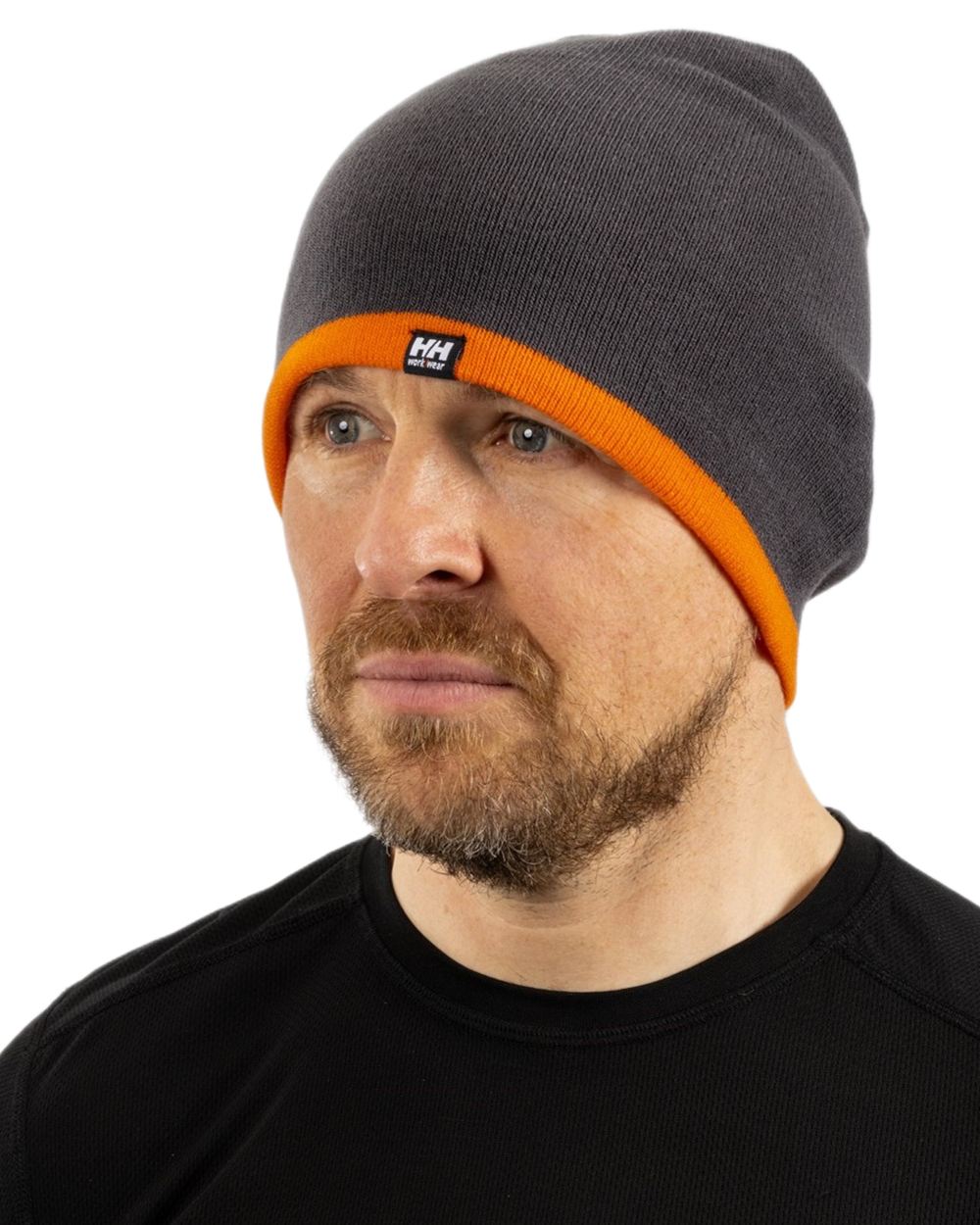 Dark Grey Orange coloured Helly Hansen Classic Reversible Beanie on white background 