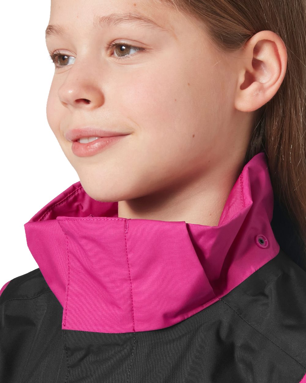 Magenta 2 Coloured Helly Hansen Juniors Vancouver Rain Jacket on white background 