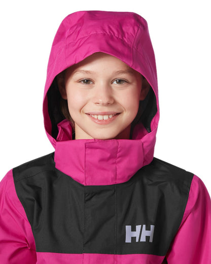 Magenta 2 Coloured Helly Hansen Juniors Vancouver Rain Jacket on white background 