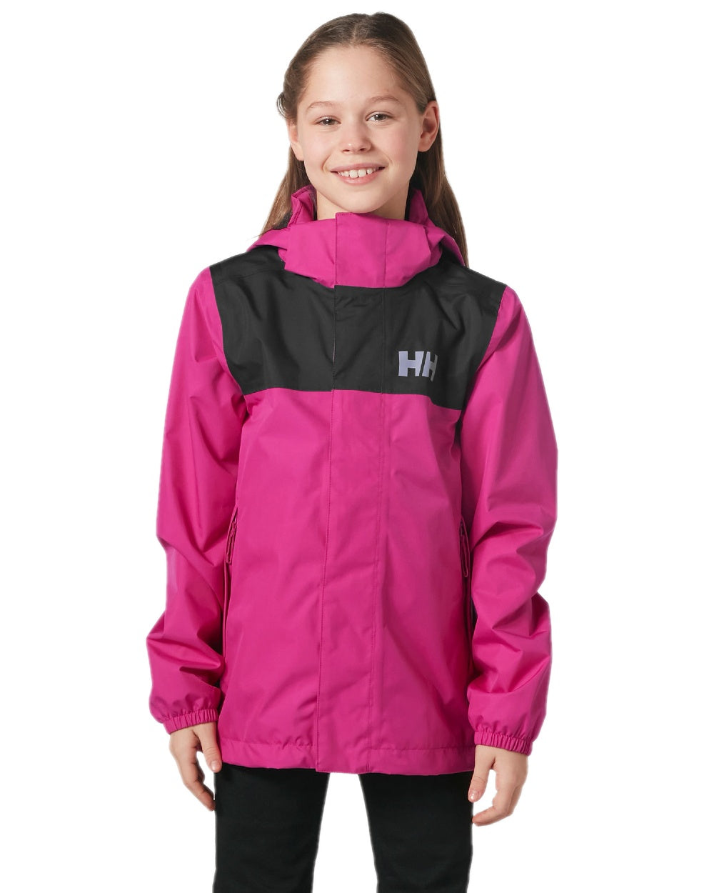 Magenta 2 Coloured Helly Hansen Juniors Vancouver Rain Jacket on white background 