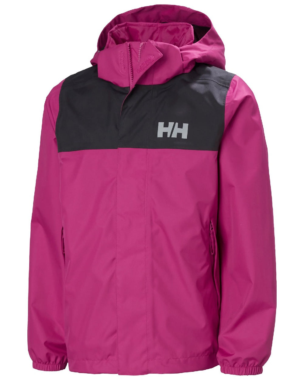 Magenta 2 Coloured Helly Hansen Juniors Vancouver Rain Jacket on white background 