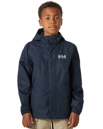 Navy Coloured Helly Hansen Juniors Vancouver Rain Jacket on white background 