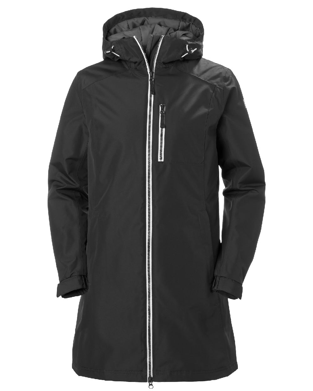 Black coloured Helly Hansen Long Belfast Ladies Winter Jacket on white background 