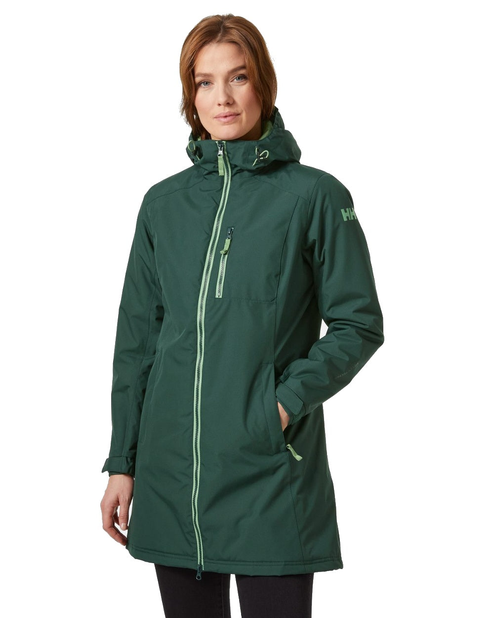 Darkest Spruce coloured Helly Hansen Long Belfast Ladies Winter Jacket on white background 