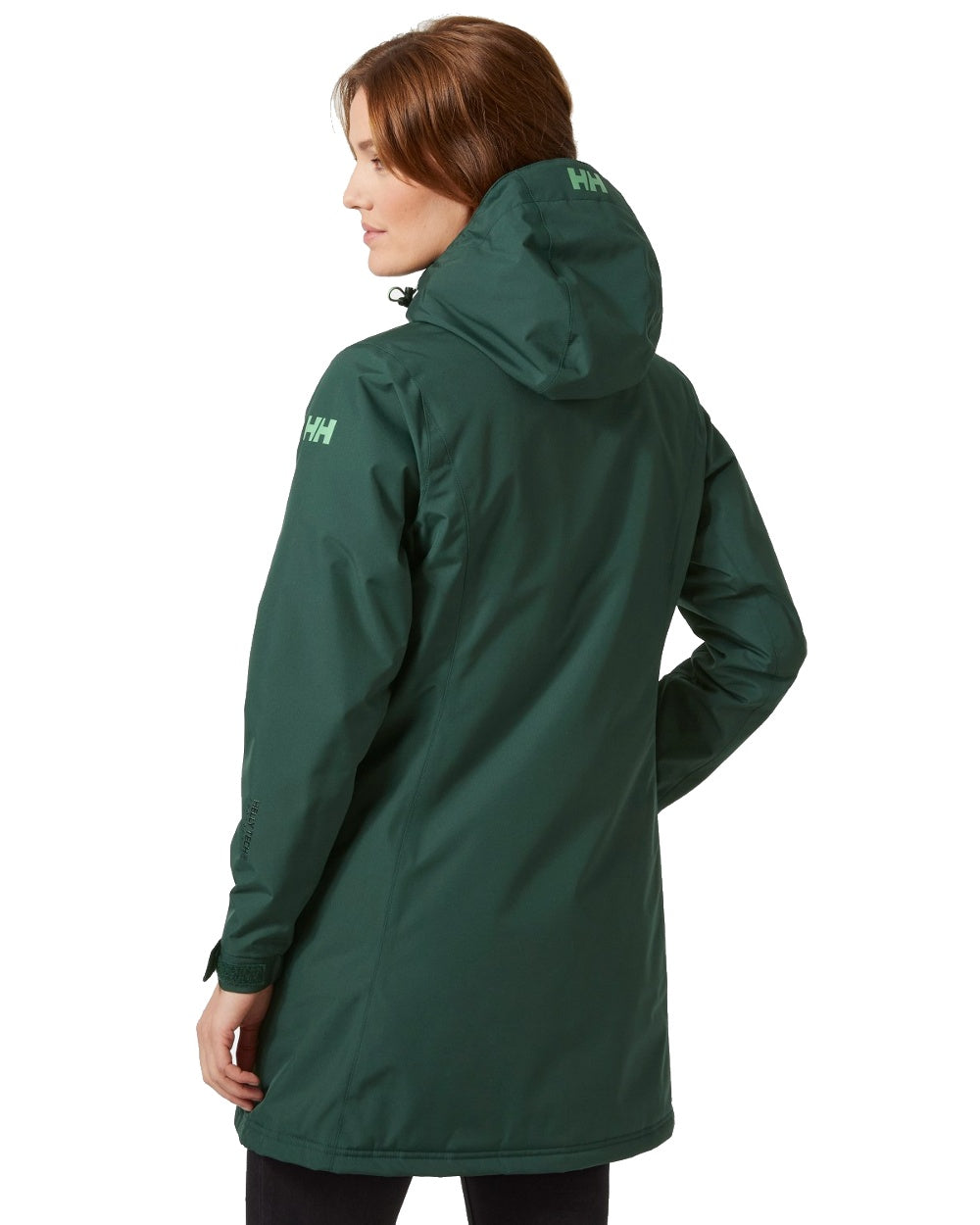 Darkest Spruce coloured Helly Hansen Long Belfast Ladies Winter Jacket on white background 