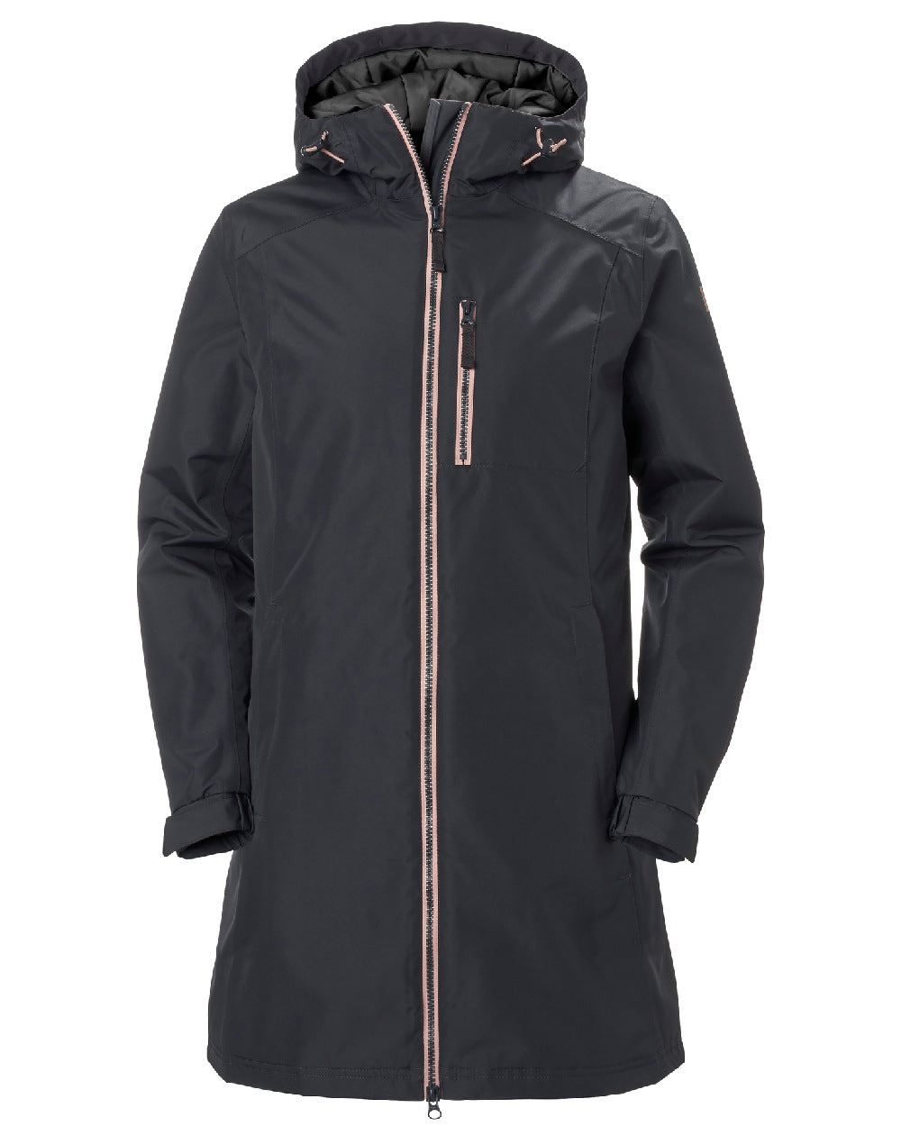 Ebony coloured Helly Hansen Long Belfast Ladies Winter Jacket on white background 