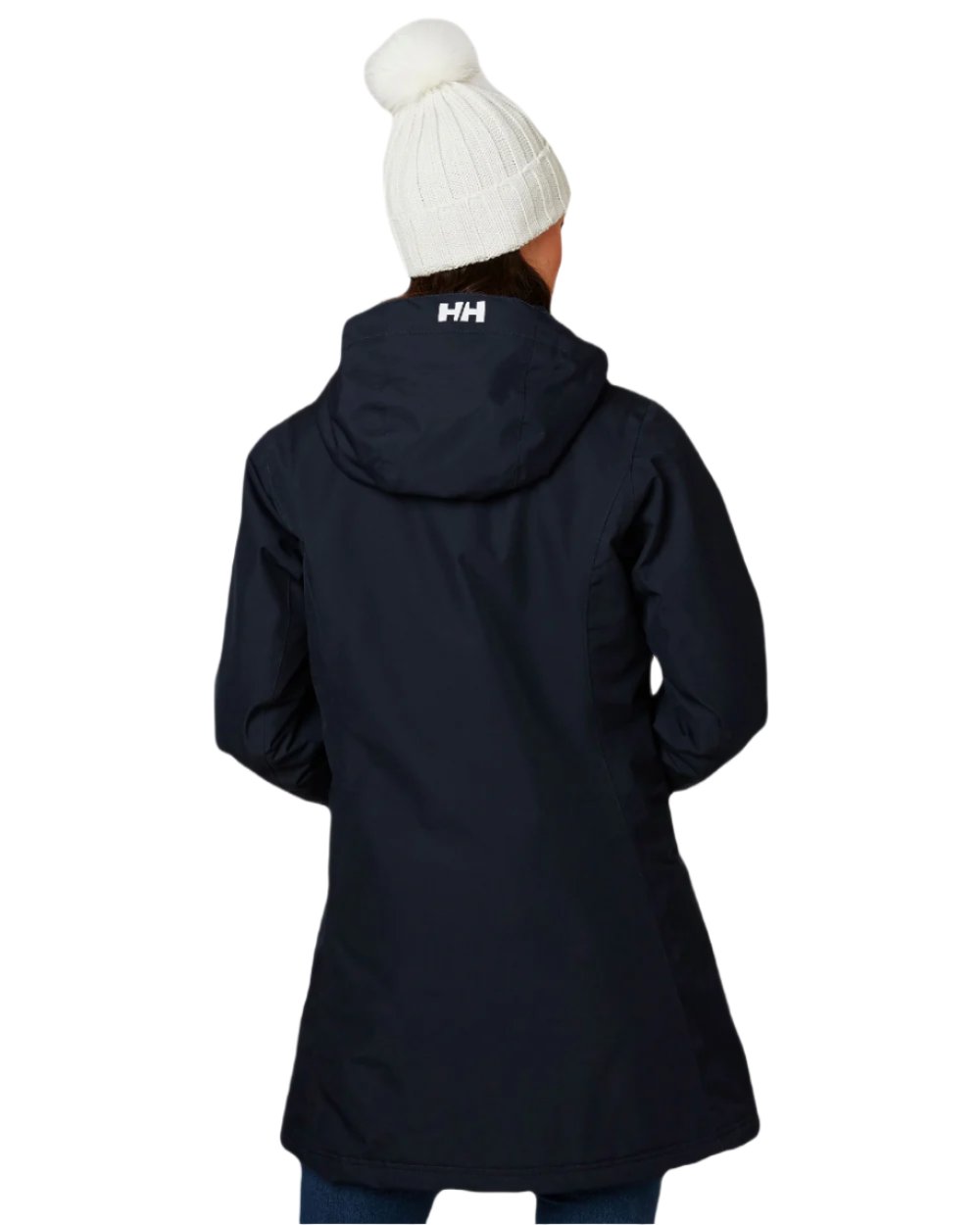 Navy coloured Helly Hansen Long Belfast Ladies Winter Jacket on white background 