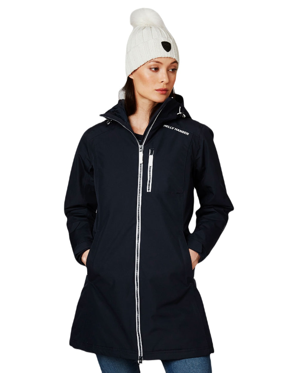 Navy coloured Helly Hansen Long Belfast Ladies Winter Jacket on white background 