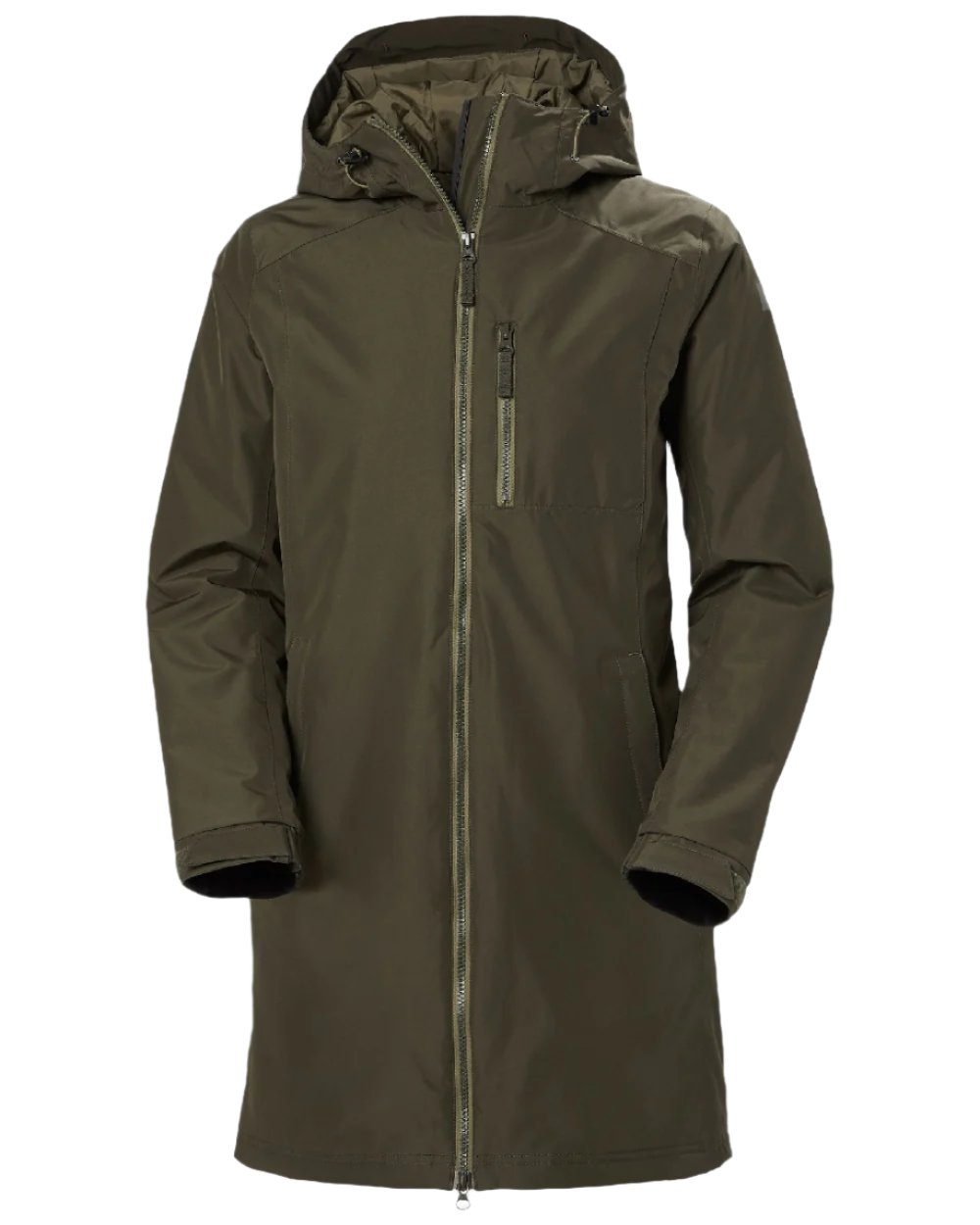 Utility Green coloured Helly Hansen Long Belfast Ladies Winter Jacket on white background 