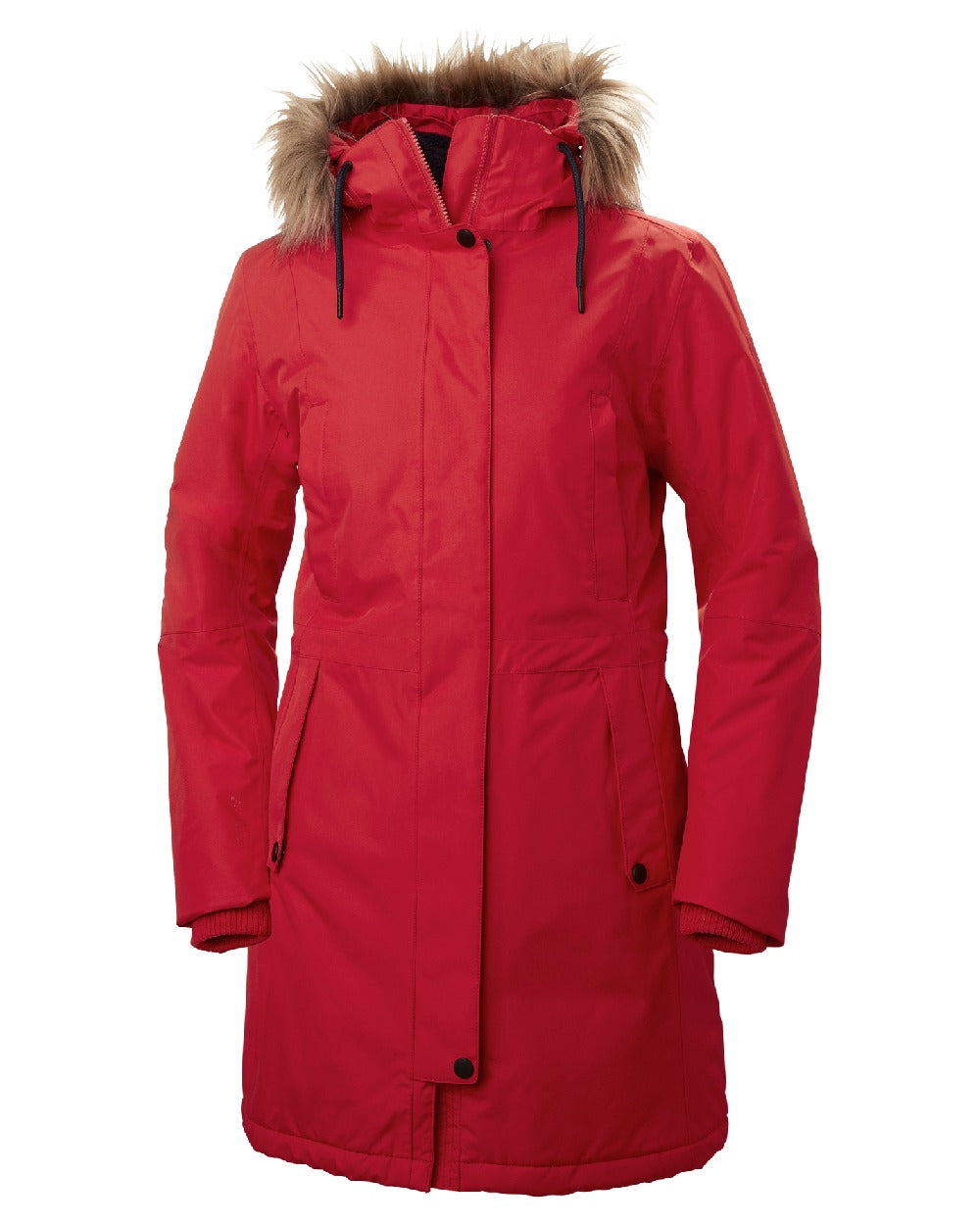 Red coloured Helly Hansen Mayen Ladies Parka on white background 