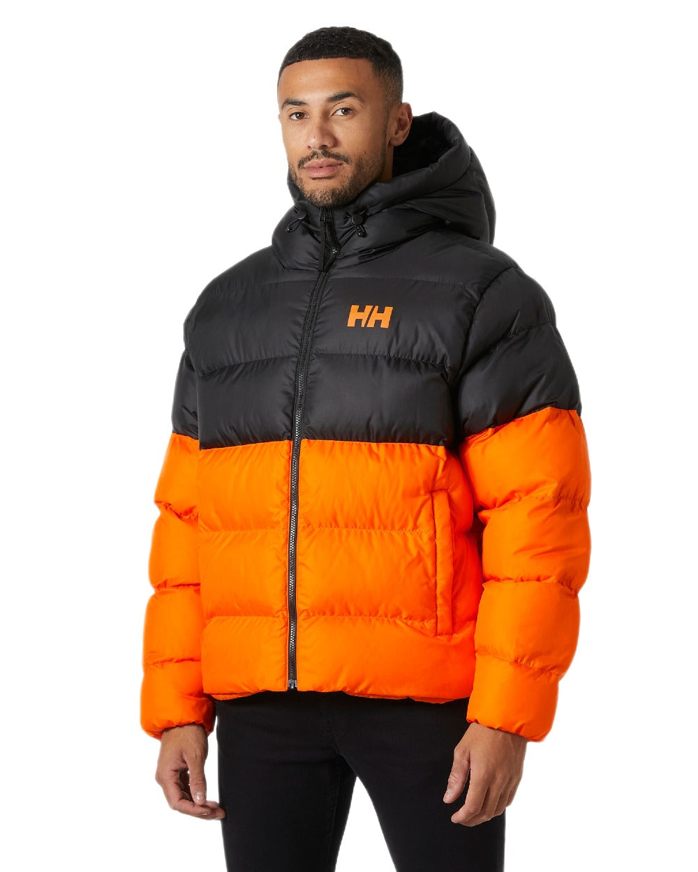 Poppy Orange Coloured Helly Hansen Mens Active Puffy Jacket on white background 
