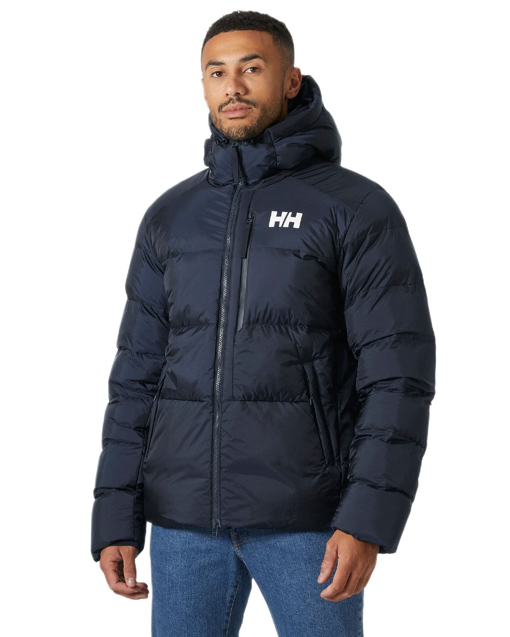 Navy Coloured Helly Hansen Mens Active Winter Parka on white background 