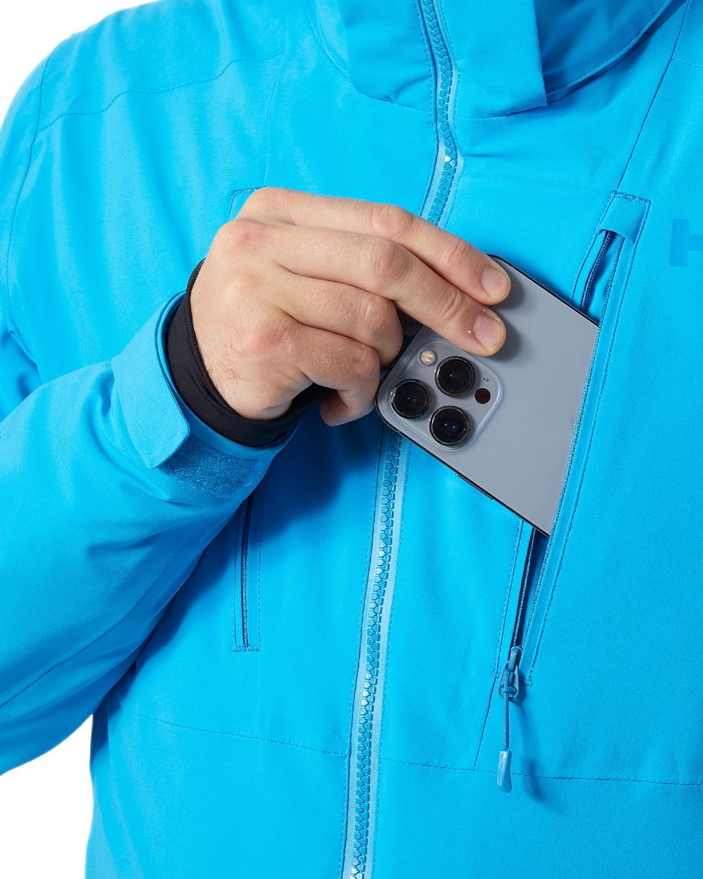 Cyan Coloured Helly Hansen Mens Alpha 4.0 Jacket on white background 