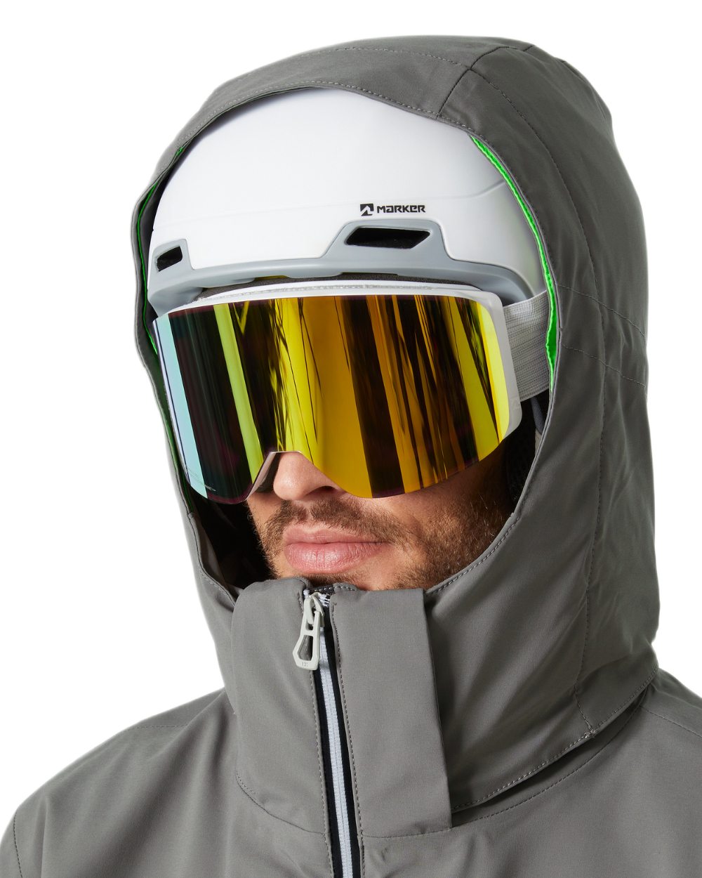 Concrete Coloured Helly Hansen Mens Alpha Lifaloft Insulated Ski Jacket on white background 